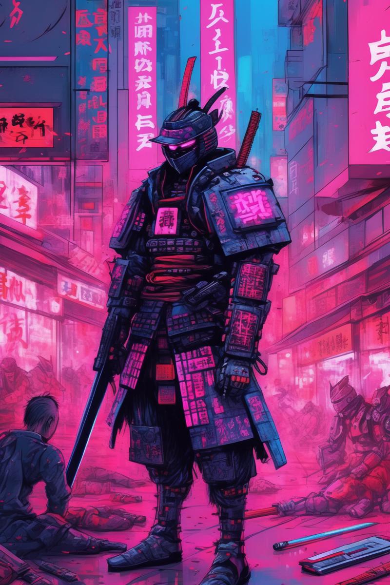 00374-1641430591-_lora_Liam Wong Style_1_Liam Wong Style - A drawing of a cyberpunk samurai in new york. He has massacred a number of cyber ronin.png